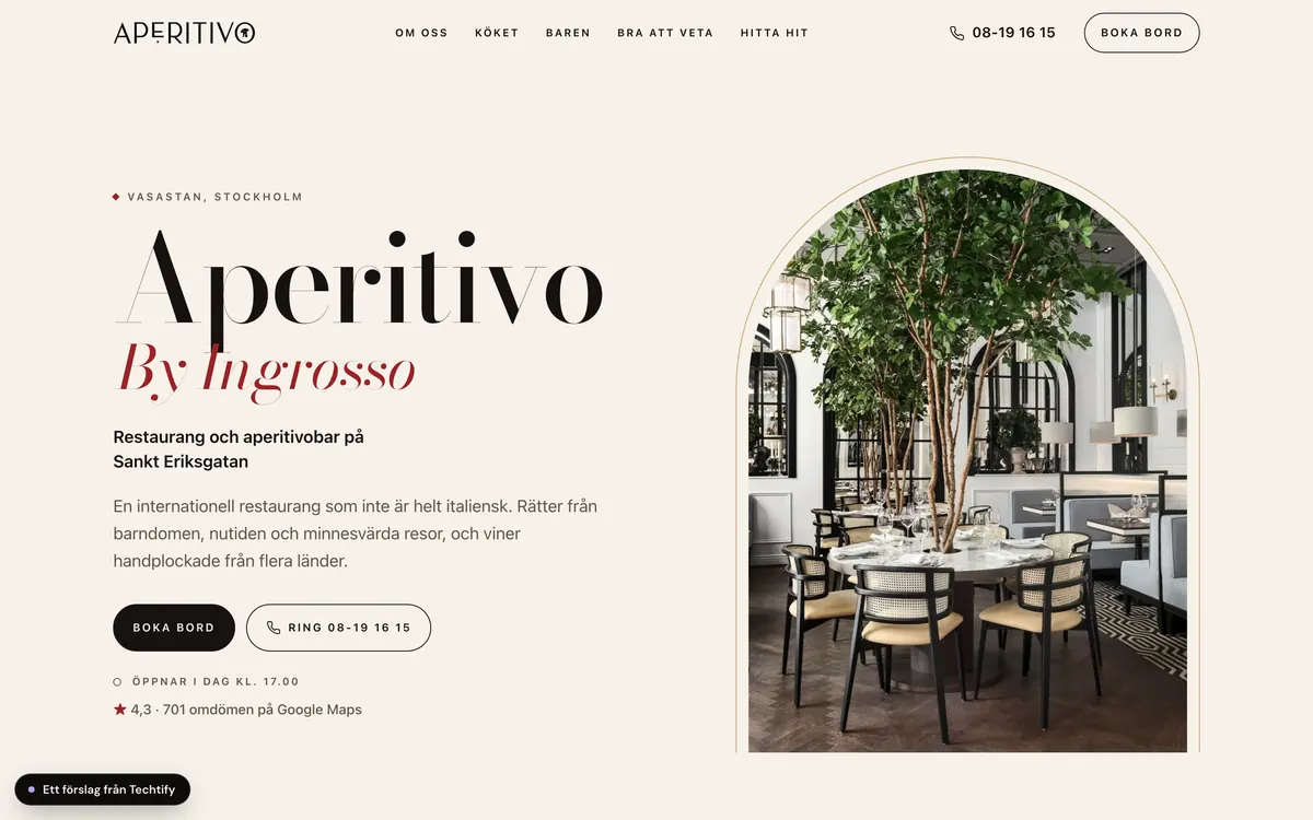 Förslag på ny hemsida för Aperitivo by Ingrosso, på en dator