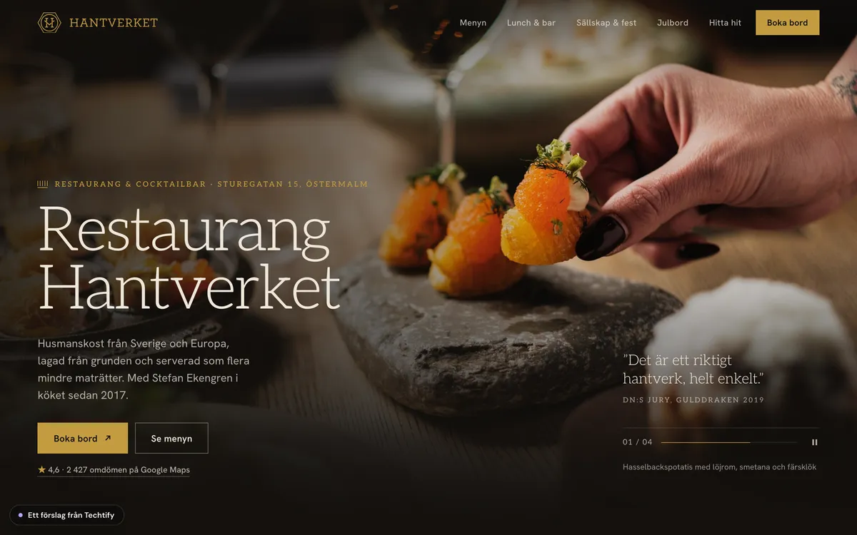 Förslag på ny hemsida för Restaurang Hantverket, på en dator