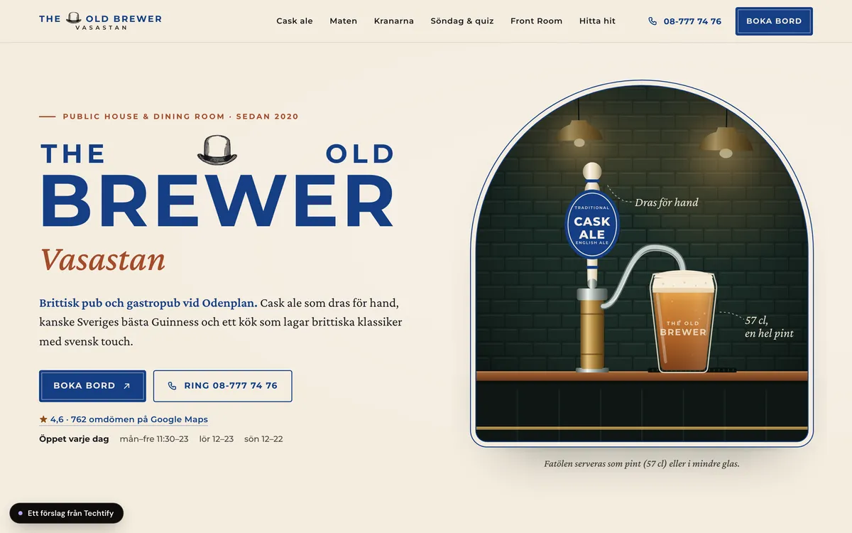 Förslag på ny hemsida för The Old Brewer, på en dator