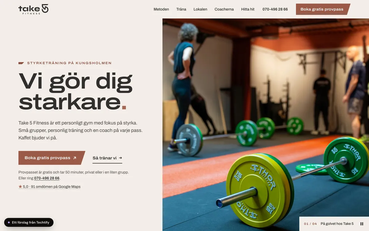 Förslag på ny hemsida för Take 5 Fitness, på en dator