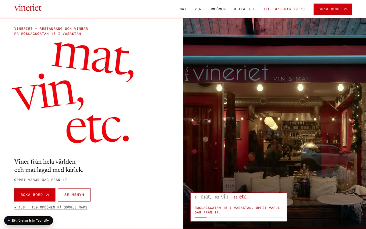 Förslag på ny hemsida för Vineriet, på en dator